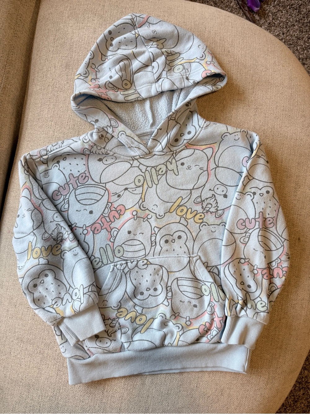 Squishmallows Light Blue Hooded Pullover with Pastel Pink and Yellow Accents